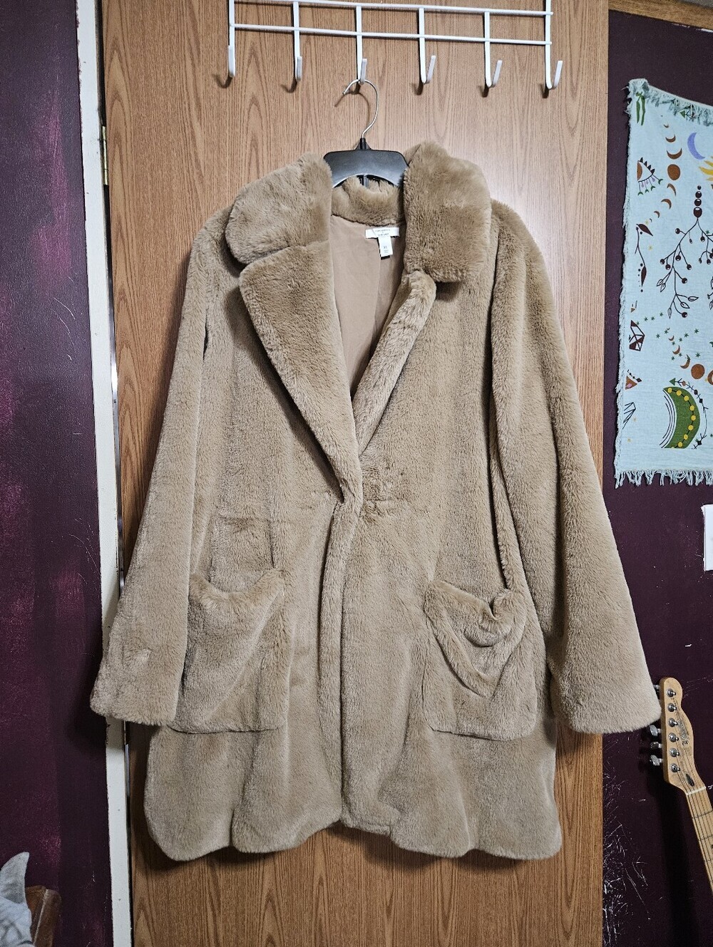 Cara Santana X Nine West Soft Faux Fur Coat Snap Button Camel Colored Size XL!